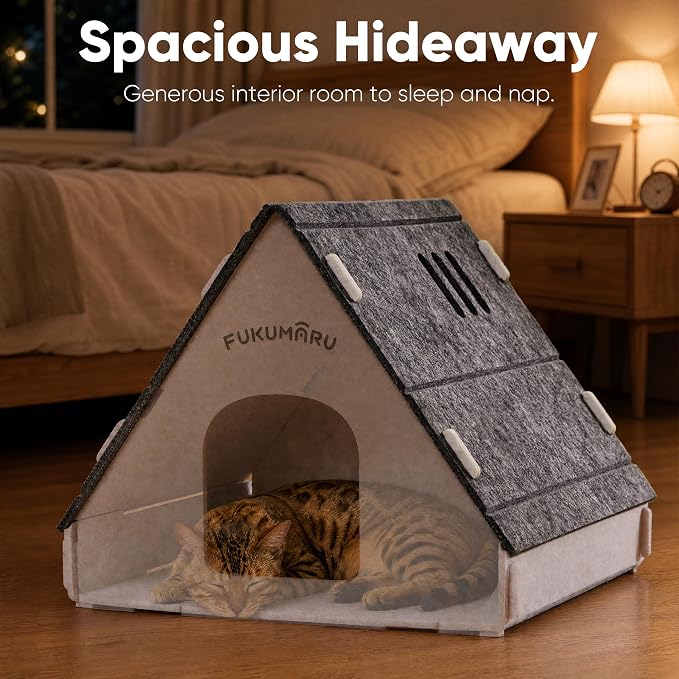 FUKUMARU Cat House Cave Bed for Indoor Cats, Large Warm Felt Cat Hideaway | Scratch-Resistant Cat Cave, Kitten Hideaway for Timid Cat & Small Pet, Modern Sturdy Cats House Condo, Easy to Assemble