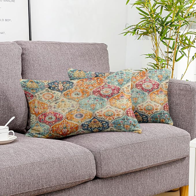 Boho Throw Pillow Covers 12x20 inch Set of 2,Soft Pillowcases Bohemia Carpet Printing Pattern Decorative Sofa Living Room Bed Rectangle Pillow Case Cushion Cover-Cream Color