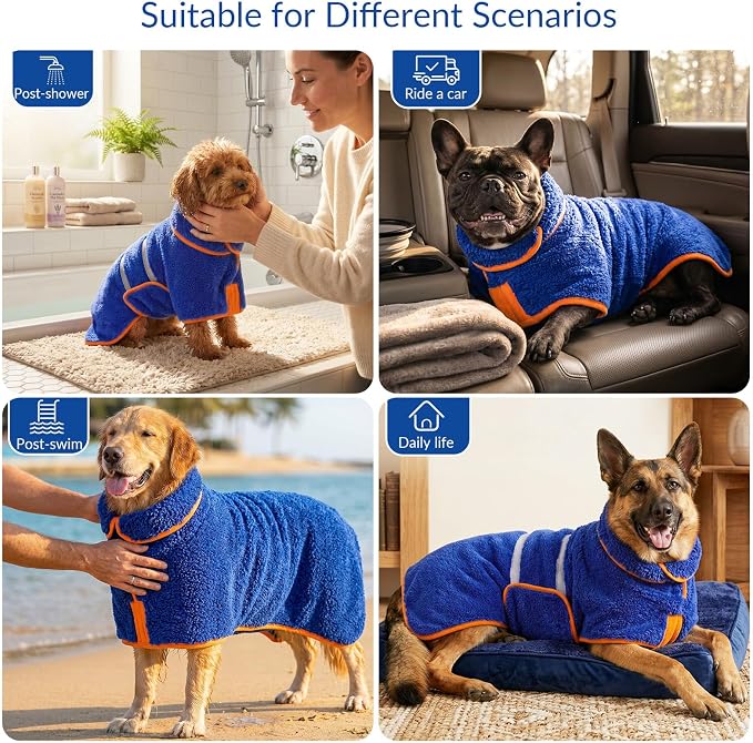 Dog Bathrobe, Super Absorbent for Small to Large Dogs, Dark Blue M | Dog Robes with Soft Fleece, Warm & Cozy, Adjustable Fit, and Quick Drying Coat for Baths Swimming and Grooming