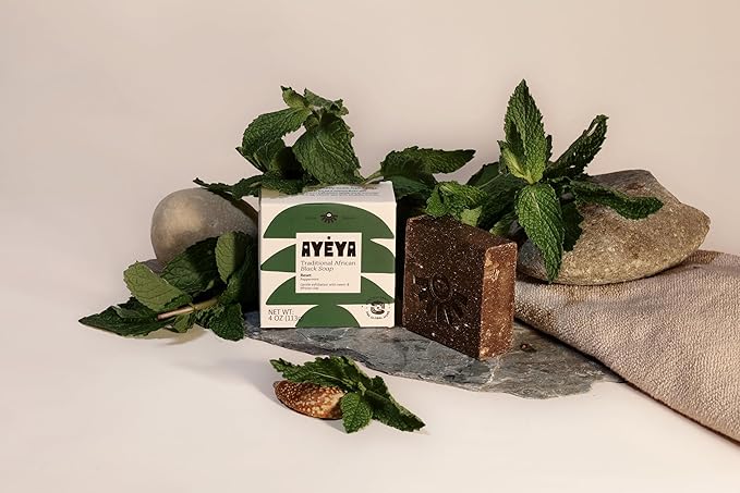 AYÉYA African Black Soap Bar, Peppermint (Reset) – Exfoliating Bar Soap for Acne-Prone Skin with Neem Oil, 4 Oz