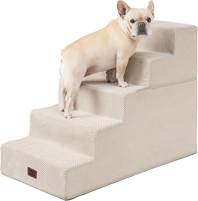 EHEYCIGA Dog Stairs for High Bed 25" H, Extra Wide Dog 5-Step, Beige | Pet Steps for Small Dogs and Cats for Bed, Non-Slip Balanced Pet Ramp Indoor