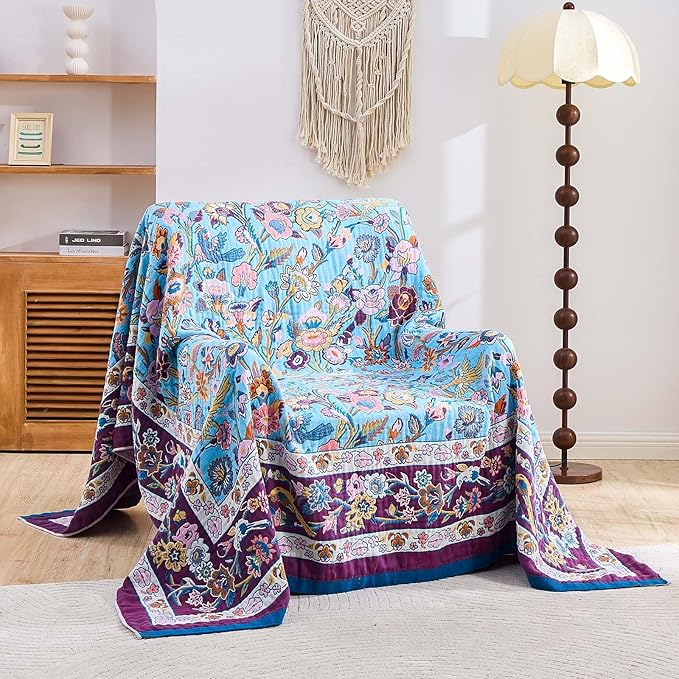 XIBLC Fall Blanket for Bed, 100% Cotton Soft Rustic Boho Throw Blanket Quilt, 80"x90" Farmhouse Decor Bed Flower Blankets, Light Weight Reversible Bohemian Throw Quilt