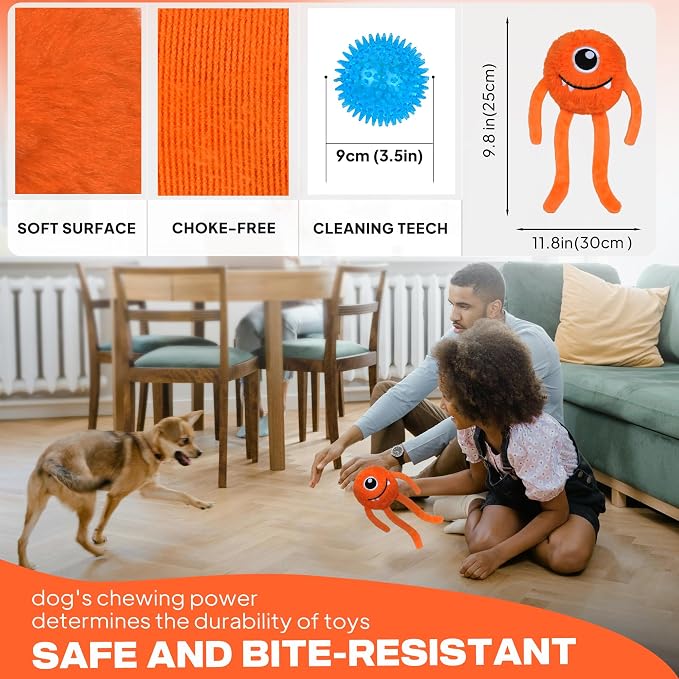 Fida Dog Toys for Aggressive Chewers, 3 in 1, Tough Squeaky Ball, Orange