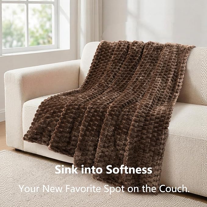 Vessia Flannel Fleece Throw Blanket(50x70 inch), 3D Jacquard Brown Fuzzy and Warm Blanket for Couch,Sofa,Bed,Chair, 300GSM Super Soft Touch Cozy Lightweight Throw for All-Season Home Decor