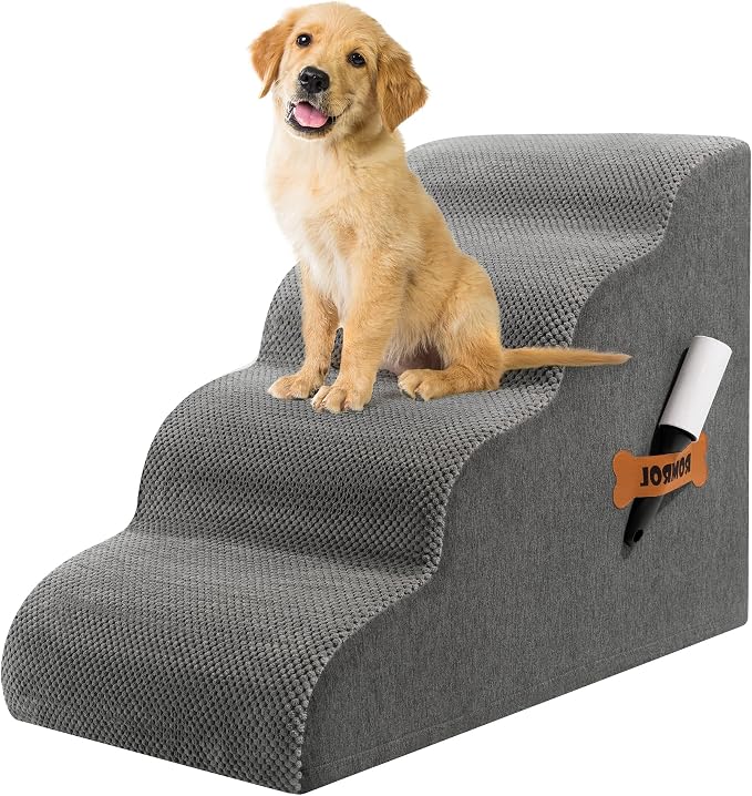 Dog Stairs, Romrol Dog Steps Ramp for High Bed and Couch, Dogs Ramp with Durable Non-Slip Waterproof Fabric Cover, Pet Stairs for Small Dogs and Cats or Pets Joints, 4-Tiers,Grey