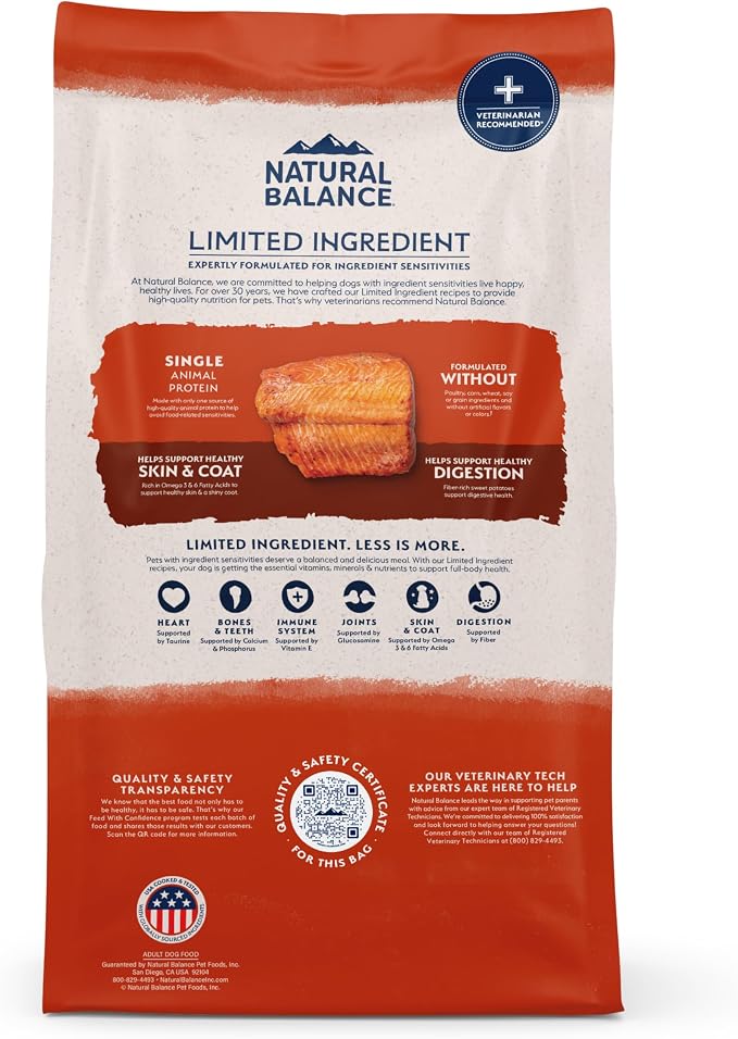 Natural Balance Limited Ingredient Adult Dry Dog Food - Balanced Nutrition for Adult Dogs - Grain-Free, Soy-Free Recipe - Limited Ingredient Formula - 12 lb - Salmon & Sweet Potato Recipe