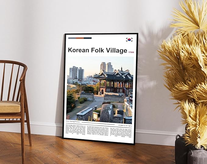 Poster Korean Folk Village Wall Art Original Design(24"x16" Metal Frame) Joseon Dynasty Architecture Print South Korea Travel Landmark Gyeonggi Cultural Heritage Ancient Palace Zen Scenery Picture