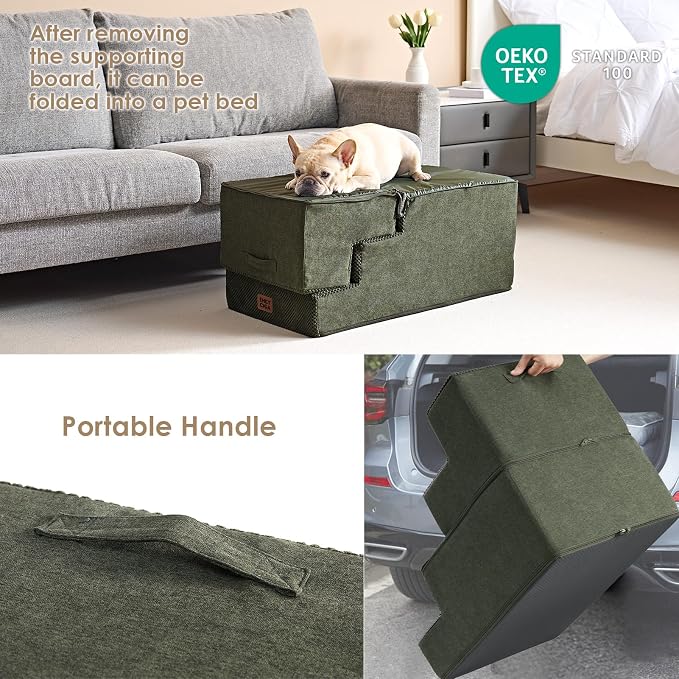 EHEYCIGA Dog Stairs for High Bed 22.5" H, 5-Step Extra Wide Dog Steps for Bed, Pet Steps for Small Dogs and Cats, Non-Slip Balanced Pet Ramp Indoor, Military Green