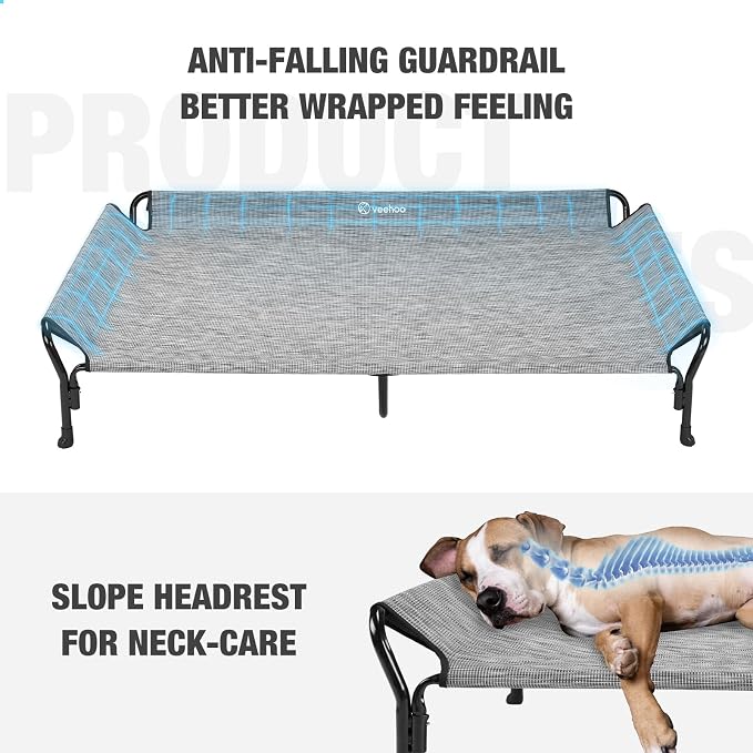 Veehoo Cooling Elevated Dog Bed, Raised Dog Cot with Guardrail & Headrest | Washable Dog Couch Bed for Indoor & Outdoor, Durable Breathable Teslin Mesh, Non-Slip Feet, XX Large, 63" x 37", Black Silver