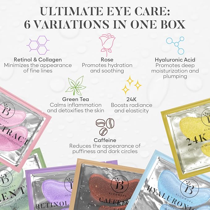 BLOOMORA Variety Under Eye Patches (30 Pairs) - Dark Circles & Puffy Eyes Care - Eye Care Mask for Refreshment - 6 Varieties