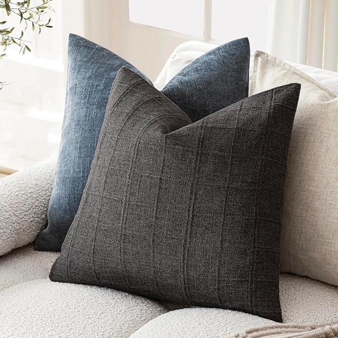 Foindtower Set of 2 Decorative Linen Check Throw Pillow Covers Neutral Farmhouse Vintage Cushion Covers Modern Boho Home Decor for Sofa Chair Couch Bedroom Living Room,16×16 Inch,Charcoal