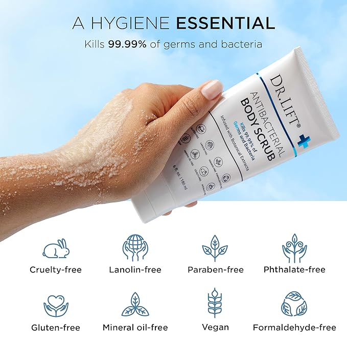 Dr. Lift Antibacterial Body Scrub, Botanical Exfoliating Formula With Vitamin E, Vitamin A, Lavender, and Salt Granules to Exfoliate and Nourish Skin, Body Care for Oily and Combination Skin, 6 Fl Oz