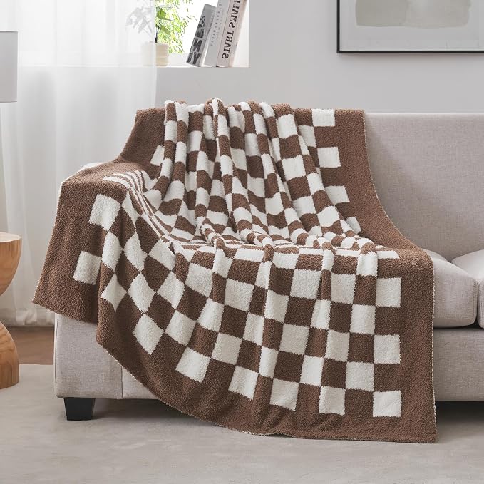 Snuggle Sac Checkered Throw Blanket for Couch, Super Soft, Cozy Warm Knit Blankets, Reversible Plaid Fluffy Throws for Sofa, Bed, Checkered Brown, 50x60 Inches