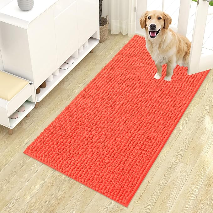 OLANLY Dog Door Mat for Muddy Paws 44x24, Extra Absorbent Chenille Mud Mat | Coral, Absorbs Moisture and Dirt, Non-Slip Machine Washable Doormat, Quick-Drying Indoor Entryway Floor Mat for Dogs