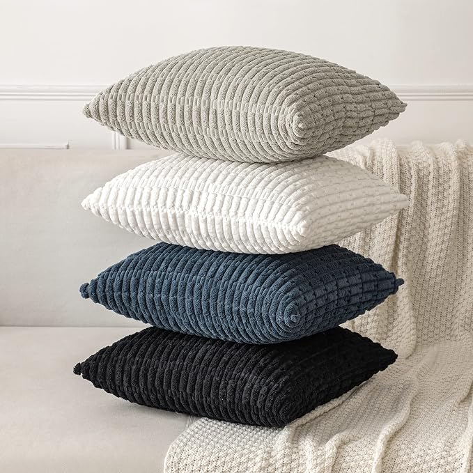 MIULEE Euro Sham Corduroy Decorative Throw Pillow Covers 24x24 Pure White | Pack of 2 Soft Boho Striped Pillow Covers Modern Farmhouse Home Decor For Sofa Living Room Couch Bed