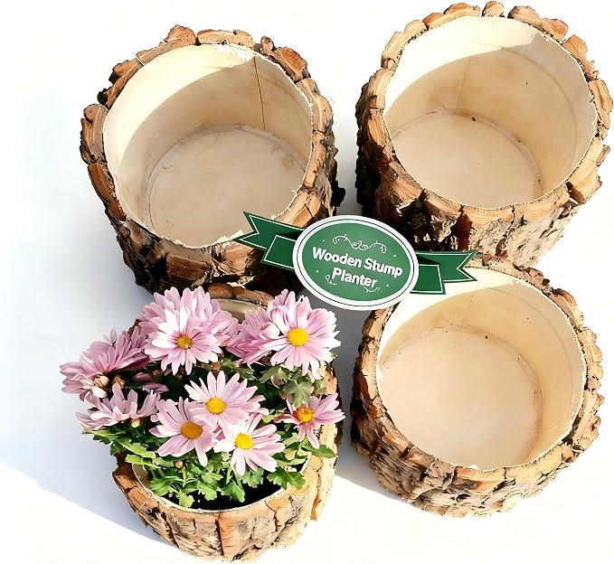 4 Pcs Wooden Vase Home Decor Rustic Flower Vases Vintage Wooden Planter Pots for Centerpieces Woodland Party Wedding Table Decor Farmhouse Buckets Bark Stump Decorative Items