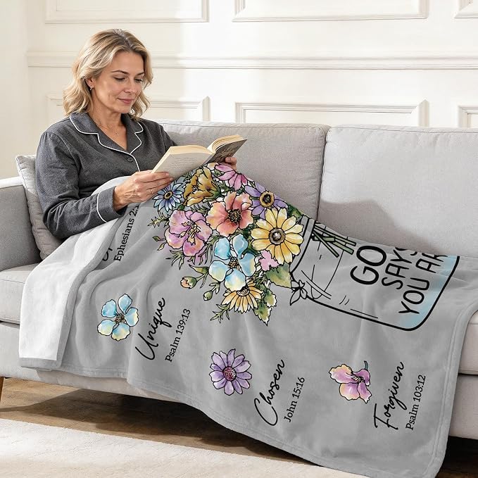 Christian Religious Gifts for Women, Grey Christian Blanket with Flowers | Birthday Gifts for Women, Spiritual Baptism Religious Gifts for Men Dad Mom Daughter Girls Boy, Soft Throw Blanket 60''x 50''