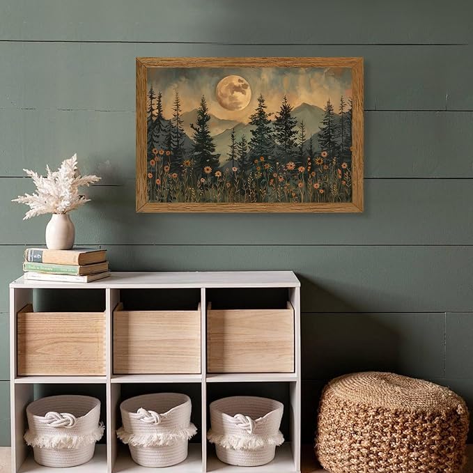 JLTULT Vintage Pine Tree Wall Art, Moonlit Wood-Framed Canvas, 20 x 30 In | Moonlit pine forest with wildflowers, fade-resistant canvas and ready-to-hang frame for bedrooms, living rooms and offices