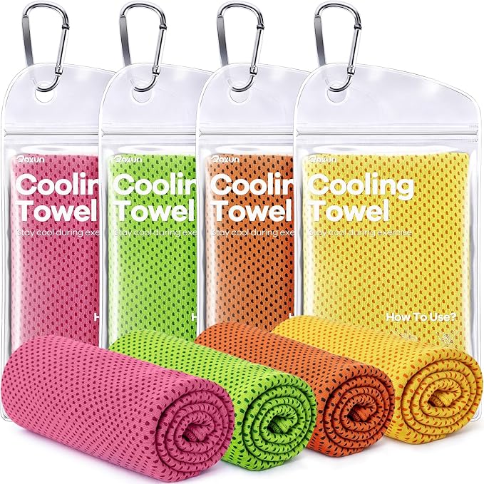 ROXUN 4 Pack Cooling Towels, 40''x12'' Soft Breathable Chilly Neck Ice Rags | Workout Running Golf Pink+Green+Orange+Yellow