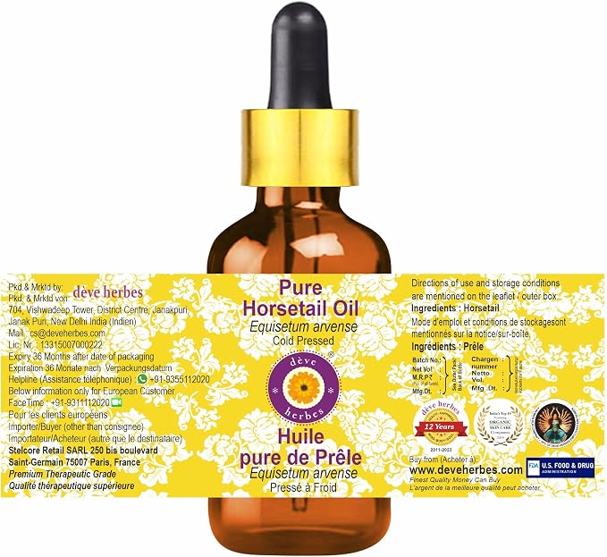Deve Herbes Horsetail Oil (Equisetum arvense) with Glass Dropper | Cold Pressed | Pure | for Diluting Essential Oils | Hair, Skin & Massage | Non-Sticky | Lightweight | Unisex | 15ml (0.50 oz)