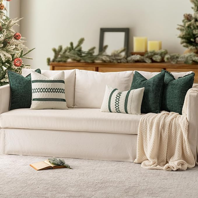 MIULEE Decorative Couch Throw Pillow Covers 20x20 Inch Dark Green 2 Pack | Farmhouse Pillow Covers with Stitched Edge, Soft Chenille Cushion Cases, for Sofa Bed Living Room Home Decor