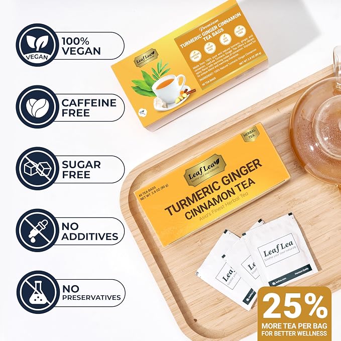 LeafLea Turmeric Ginger Tea Bags, Digestion & Immune Support, 240 Count | 100% Natural Herbal Blend With Cinnamon, Warm And Spicy Flavor, Caffeine-Free, Sugar-Free, Non-GMO, Convenient 6 Pack