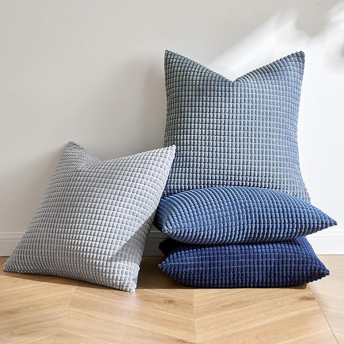 MIULEE Decorative Euro Sham Pillow Covers 24x24 Inch Set of 4 Coastal Blue | Boho Western Farmhouse Home Decor, Throw Pillows, Summer Coastal Industrial Corduroy Pillowcases for Sofa Living Room Bed