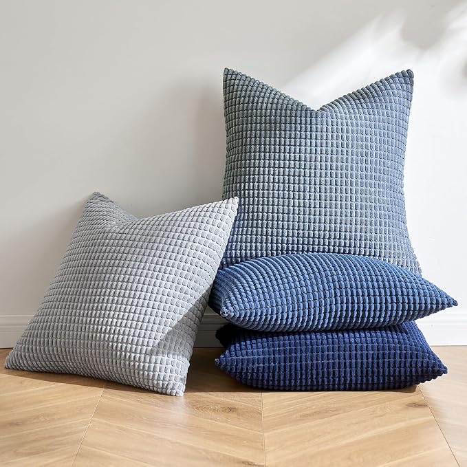 MIULEE Decorative Throw Pillow Covers 18x18 Inch Set of 4 Coastal Blue | Boho Western Farmhouse Home Decor, Throw Pillows, Summer Coastal Industrial Corduroy Pillowcases for Sofa Living Room Bed