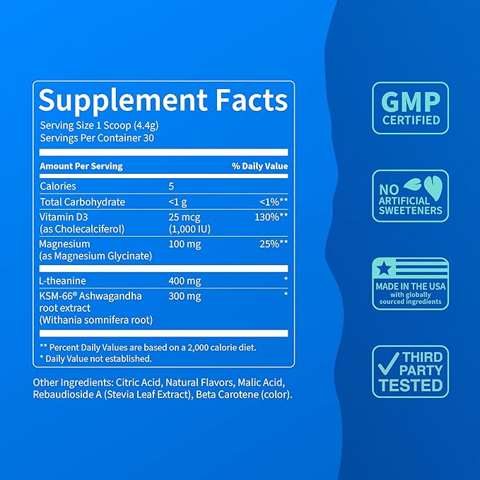 Nello Supercalm Powdered Drink Mix, Tropical Tangerine, L Theanine, Ksm-66 Ashwagandha, Magnesium Glycinate, Vitamin D 3, Supplements for Relaxation & Focus, Natural, No Sugar, Non GMO, 30 Srvg