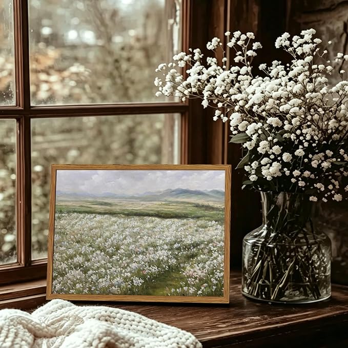 Framed Vintage Landscape Wall Art, Country Wildflower Field Pictures Wall Decor, Rustic Nature Flower Paintings Canvas Prints Farmhouse Home Decor for Living Room Bedroom Bathroom 8x10 inch