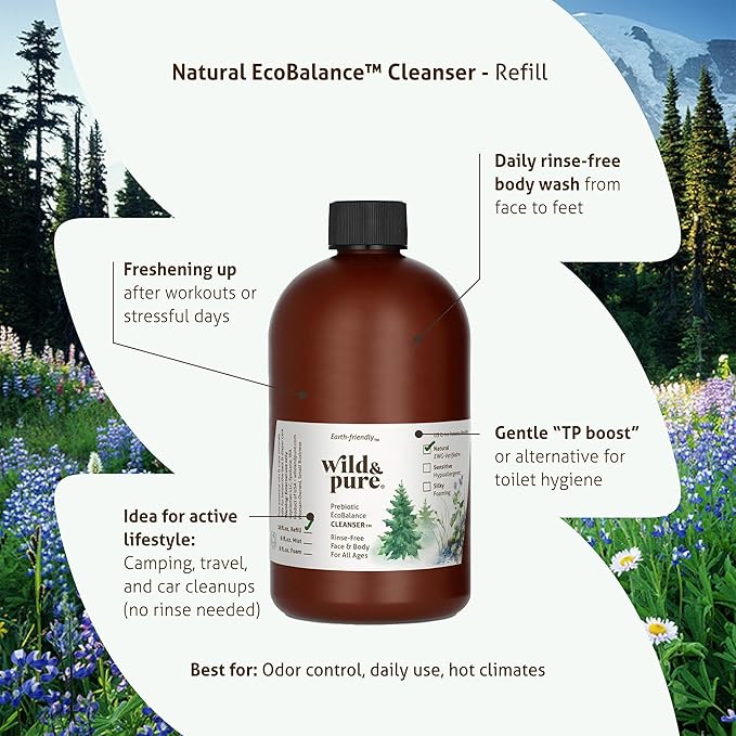 Wild & Pure EWG Verified Natural Body Wash Refill (18oz; Pack of 2) for Foamers/Spray | Cleanser, Deodorizer, Moisturizer | Face, Hands, Body | pH-Balanced, Plant-Based | Refillable Skincare