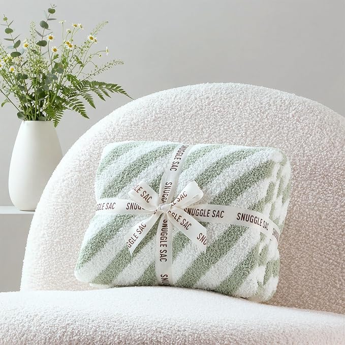 Snuggle Sac Ultra Soft Throw Blanket, Sage Green, 50"x60" | Reversible, Cozy Knitted, Fuzzy Knit Striped, For Couch, Sofa, Bed