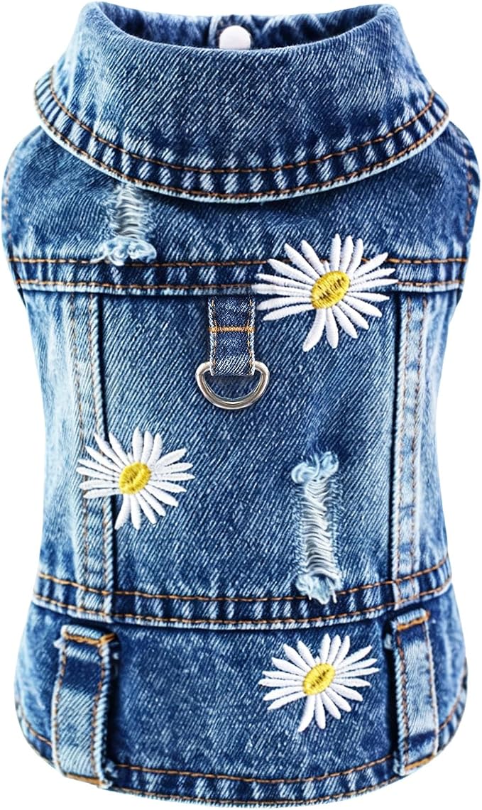 Dog Jean Jacket,Blue Denim Vest for Small Pet,Cute Clothes with D-Ring | Soft Washed Cotton Denim Costume,Cool Apparel Dress Shirt for Puppy,Classic Coat Outfit for Small Dogs Cats Boy Girl