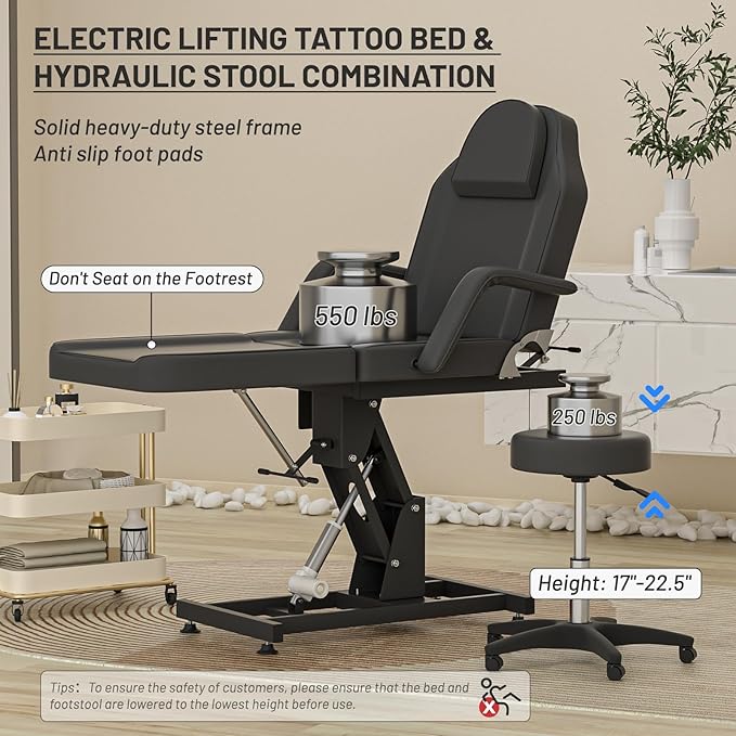 Electric Tattoo Chair with Stool Professional Spa Beds for Esthetician Chair Motorised Height Adjustment Facial Chairs for Esthetician Bed