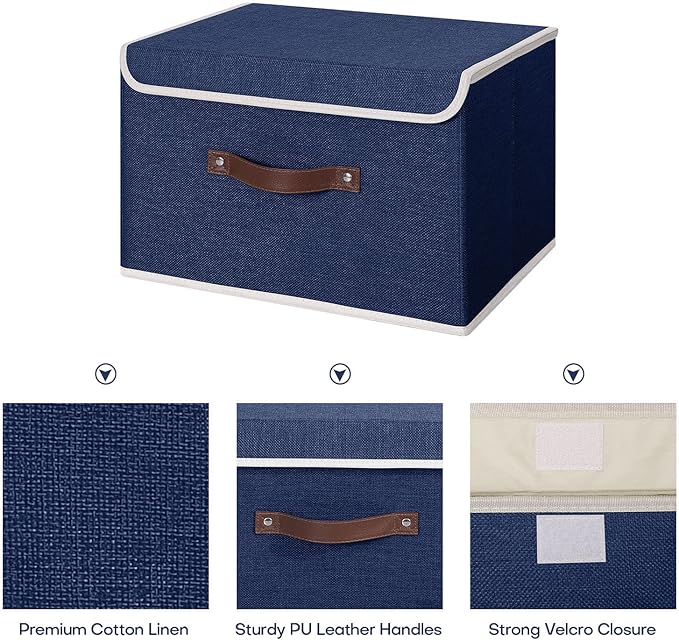 ANMINY Fabric Storage Box Bins with Lids, Blue, 15"x10"x10" | Keepsake Memory Storage, Cotton Linen, PP Board Reinforced, Washable, PU Handles, Foldable & Stackable, Decorative, Large