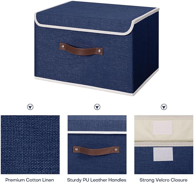 ANMINY Fabric Storage Box Bins with Lids, Blue, 15"x10"x10", 2 Pack | Keepsake Memory Storage, Cotton Linen, PP Board Reinforced, Washable, PU Handles, Foldable & Stackable, Decorative, Large