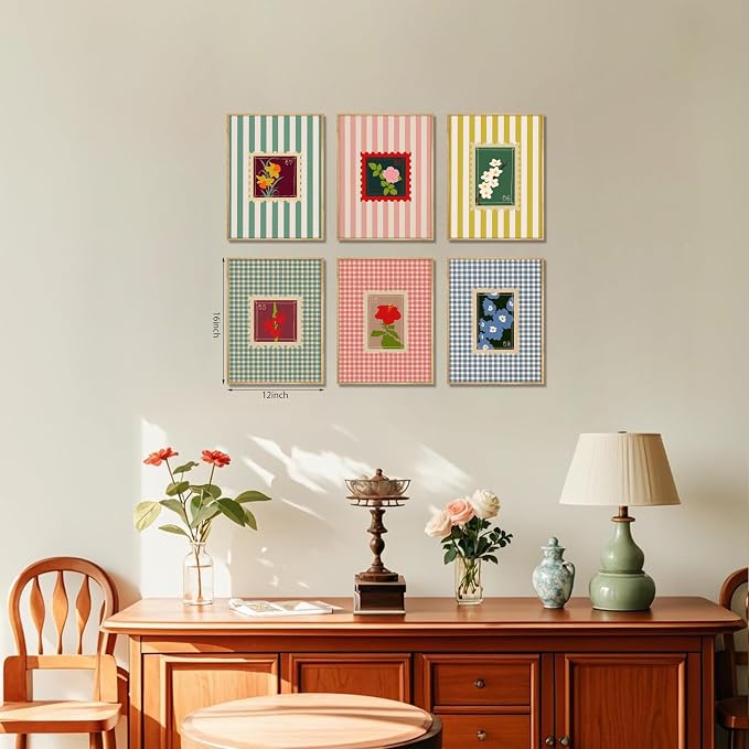 Coquette Pink Floral Posters Wall Art Set of 6, Colorful Stripes and Checks Flower Canvas Wall Decor Painting, Florals Stamp Artwork Posters Pictures for Girls Room Bedroom Dorm 12x16 Inch Unframed