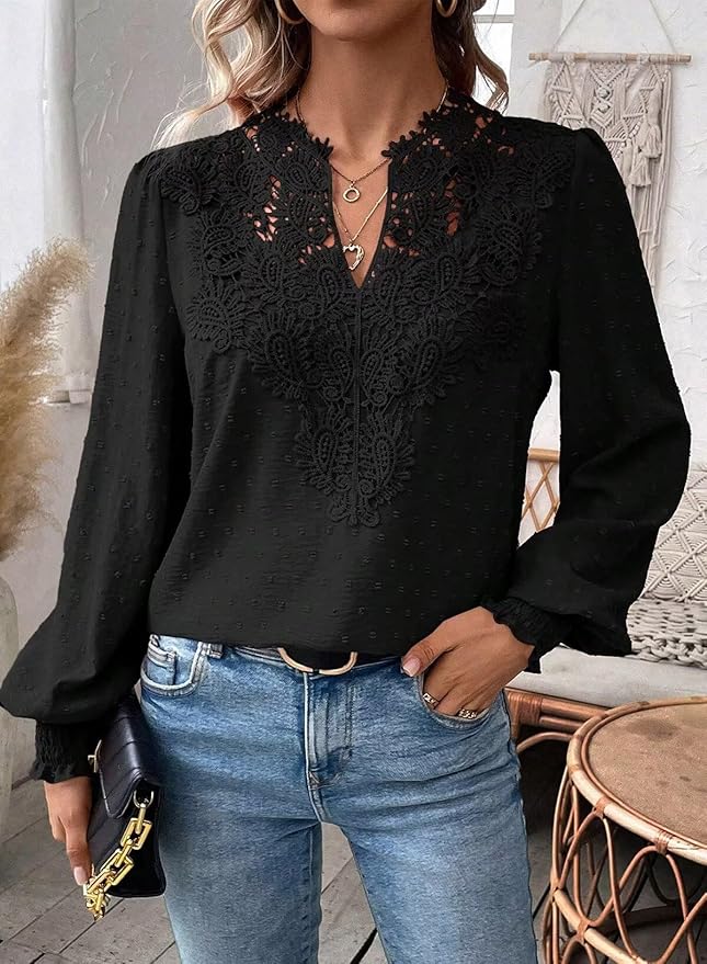 Womens Tops Swiss Dot Boho Long Sleeve Shirts V Neck Casual Chiffon Blouses Flowy Lace Hem Cute Clothing Trendy 2026
