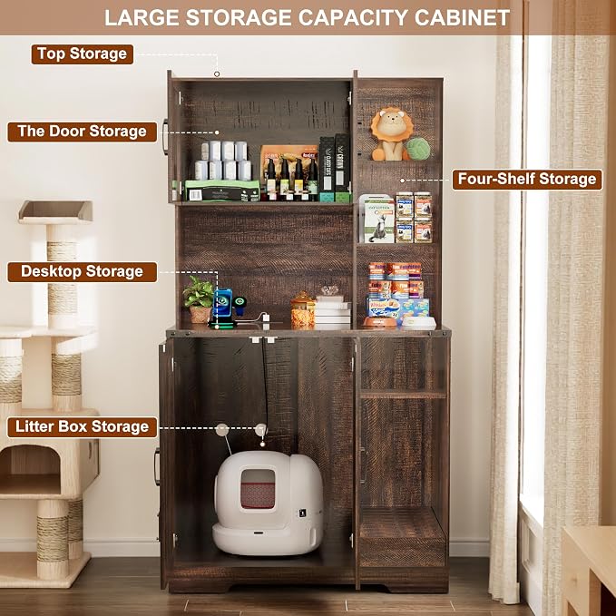 71Inches Tall Cat Litter Box Enclosure for Cats W/Power Outlets,Open Shelves.Wooden Pet Washroom Furniture W/Locks,Cabinet.Indoor Cats House,Hidden Cat Litter Box for Living Room,Bedroom(Brown-3)