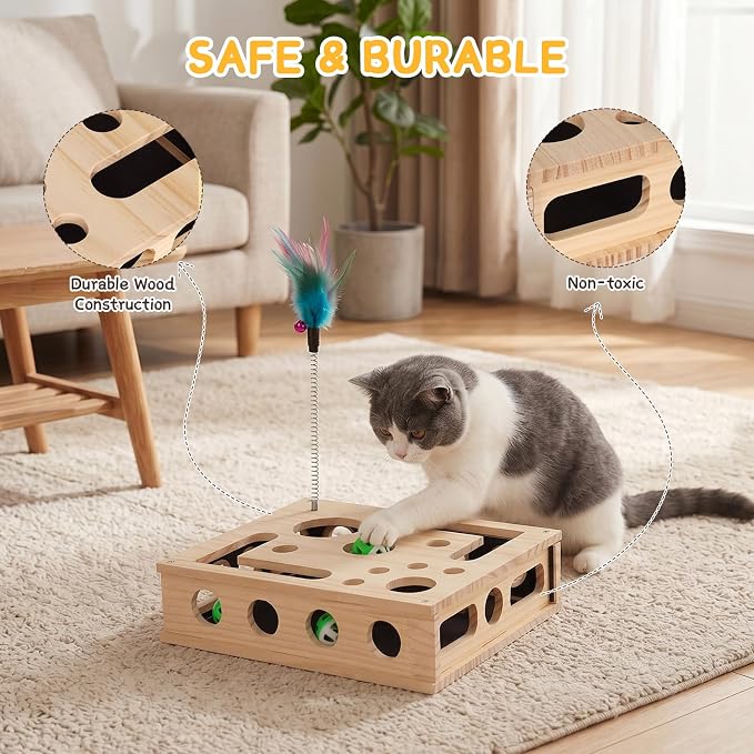 SENNOVI Wooden Cat Puzzle Feeder & Scratcher Toy, Hunting Treat Dispenser