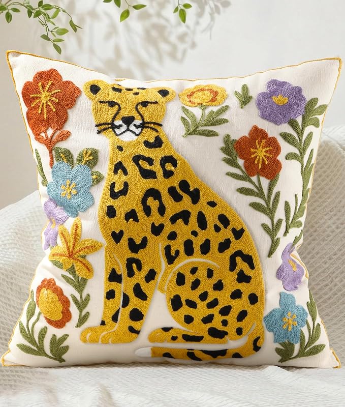 Animal Embroidered Throw Pillow Cover 20x20 Inch, Leopard Floral | Decorative Pillow Cover, Boho Cushion Cases with Hidden Zipper, Fall Decor for Couch, Sofa, Living Room, Bedroom