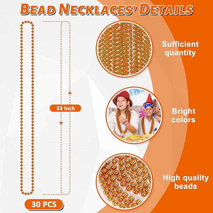 30PCS Orange Bead Necklace, 6mm Bead Necklaces Party Favors, 33" Mardi Gras Beads Party Parade Accessories, Festival Party Supplies for Halloween Wedding Holiday Celebrations Decorations