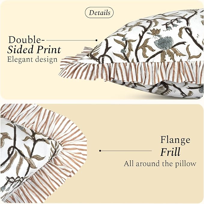 CPC Cocoa Vine Hand Block Print 100% Cotton Ruffle Throw Pillow Cover 18x18 inch with Hidden Zipper Decorative for Couch, Bed, Sofa, Farmhouse, Cottagecore Decor Gift Christmas Fall Thanksgiving