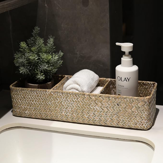 Seagrass Storage Basket 3 Sections Woven Shelf Baskets with Compartment (Whitewash, 14.6inch x 4.7inch x 3.1inch)