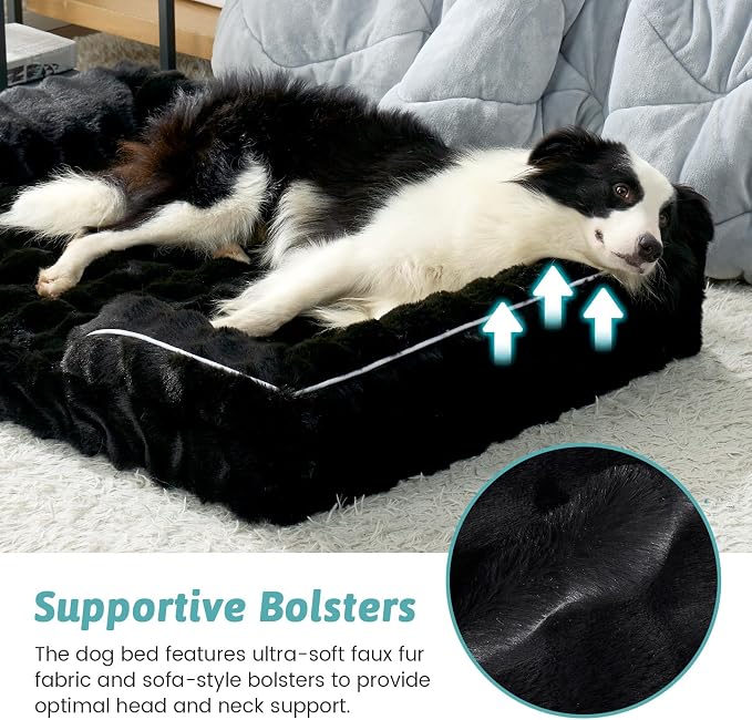 COZY KISS Faux Fur Orthopedic Dog Bed Washable for Extra Large Dogs, XXL | Soft Warm Pet Sofa with Sides or Bolster, Non-Slip and Big Dog Couch with Removable Waterproof Cover, 48x35 inch, Black