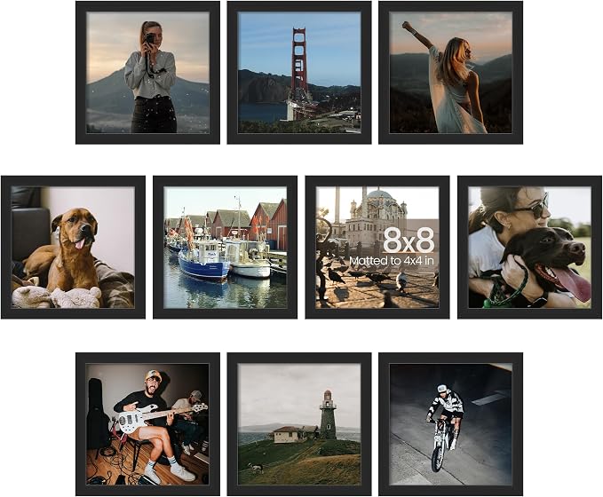 upsimples 8x8 Picture Frame, Photo Collage Wall Decor Set of 10, Black | Fit 4x4 and 8 x 8 Square Photos, Wall or Tabletop Display, For Gallery Hallway Living Room, For Christmas