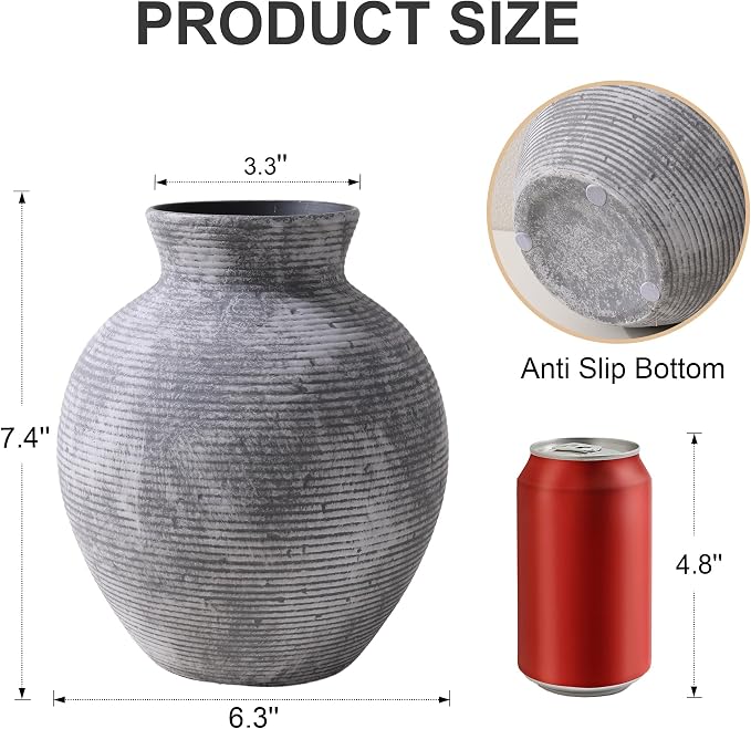 Ceramic Flower Vase Home Decor, 7.4 in Farmhouse Table Vases Retro Vintage Living Room Kitchen Bedroom Decoration Pottery Decorative Vases for Flowers House Shelf Office Desk Dining Entryway, Grey
