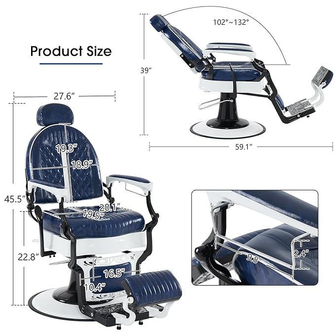 BarberPub Heavy Duty Metal Vintage Barber Chair All Purpose Professional Hydraulic Reclining Salon Beauty Spa Chair Styling Equipment 8730 (Blue)