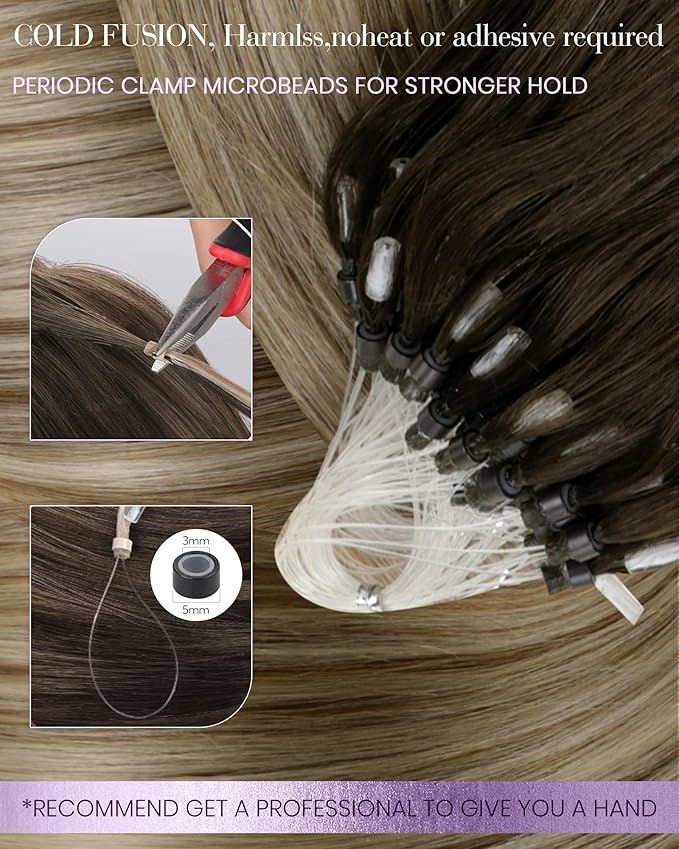 LaaVoo Microlink Hair Extensions Human Hair Balayage Micro Loop Hair Extension Human Hair Brown Fading to Ash Brown Highlight Micro Beads Extensions 14in 50g 50s