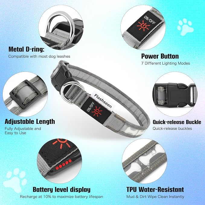 Flashseen LED Dog Collar Light up USB Rechargeable, 7-Color Glow, Grey, M